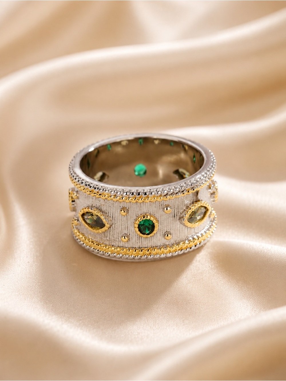 Gold and Silver Statement Band Ring with Green Gem Accents - Picture 3 of 4